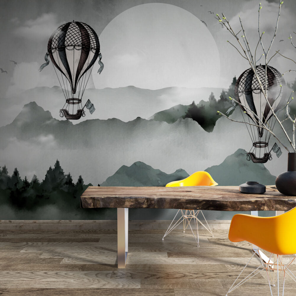 Misty Mountain Balloon Wallpaper : Ink Landscape Mural - View 3