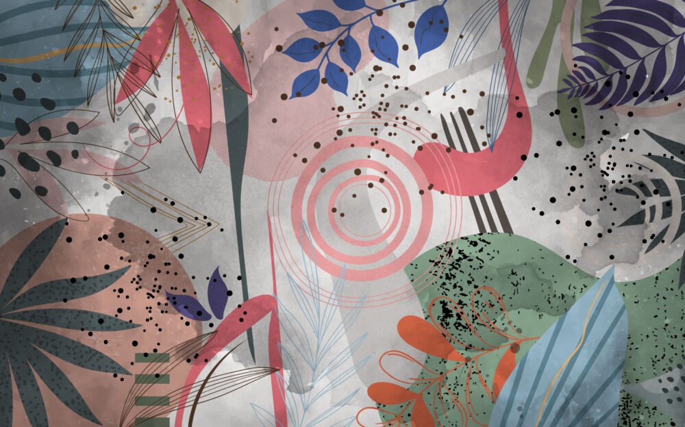 Abstract Pink Circle Wallpaper : Modern Leaf Collage Mural - View 2