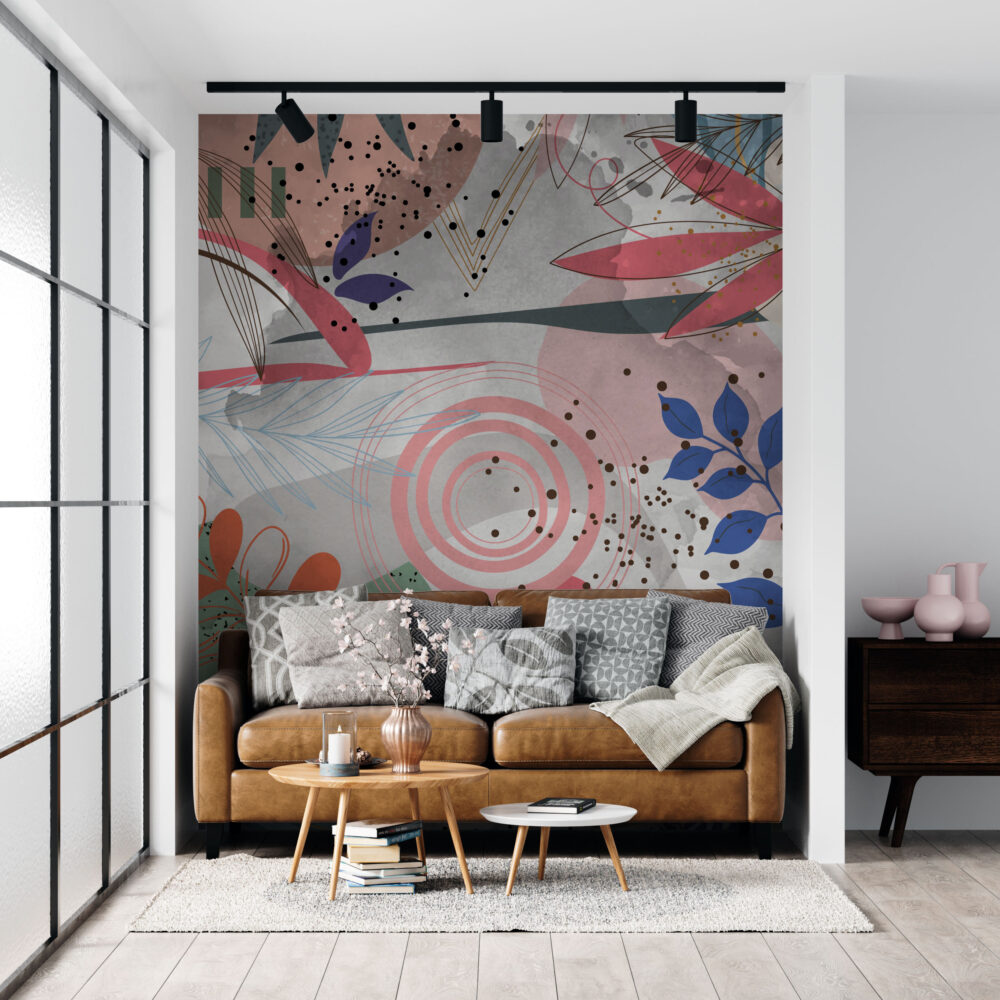 Abstract Pink Circle Wallpaper : Modern Leaf Collage Mural - View 4