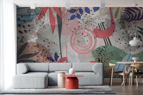 Abstract Pink Circle Wallpaper : Modern Leaf Collage Mural