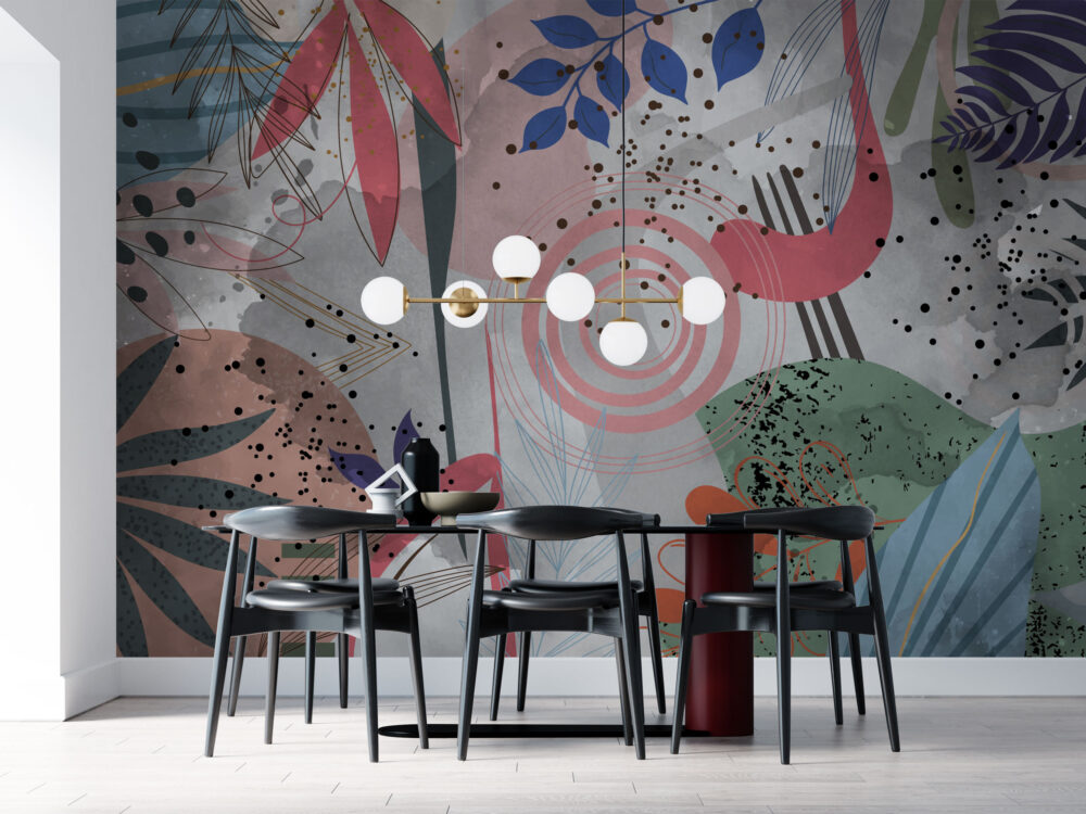 Abstract Pink Circle Wallpaper : Modern Leaf Collage Mural - View 3