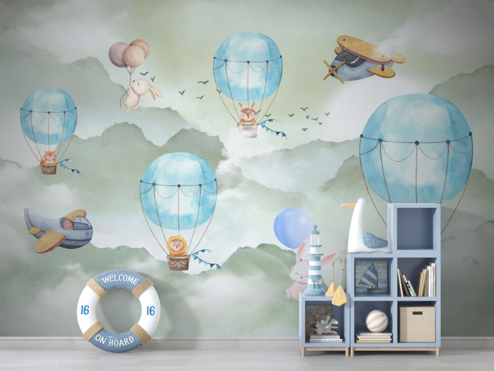 Sage Sky Balloon Animals Wallpaper : Watercolor Kids Mural - View 3