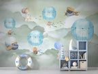 Sage Sky Balloon Animals Wallpaper : Watercolor Kids Mural - View 3
