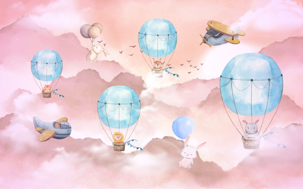 Pink Sky Balloon Animals Wallpaper : Watercolor Nursery Mural - View 2