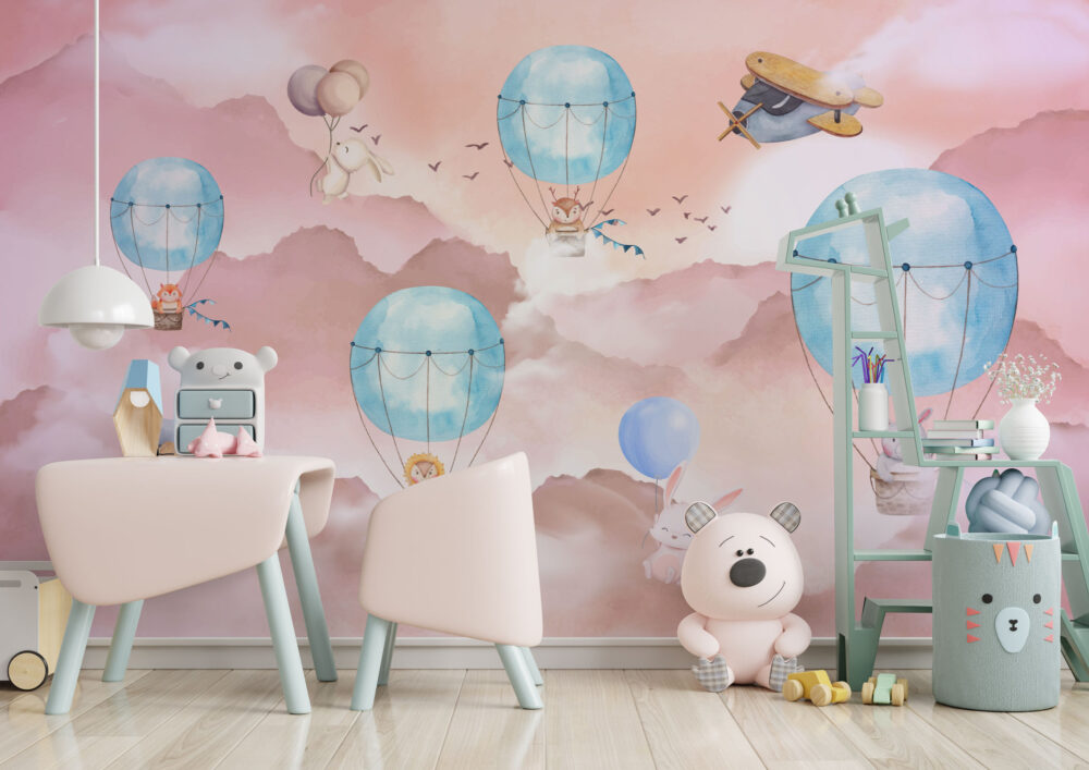 Pink Sky Balloon Animals Wallpaper : Watercolor Nursery Mural - View 4
