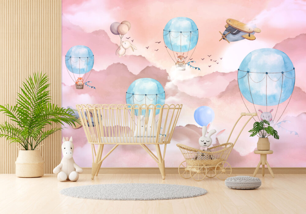 Pink Sky Balloon Animals Wallpaper : Watercolor Nursery Mural