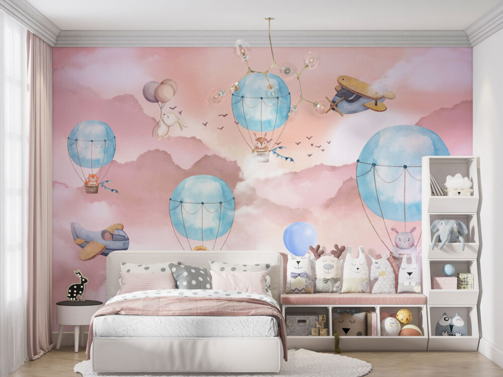 Pink Sky Balloon Animals Wallpaper : Watercolor Nursery Mural - View 3