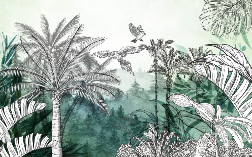 Watercolor Palm Pine Wallpaper : Sketch Tropical Forest Mural - View 2