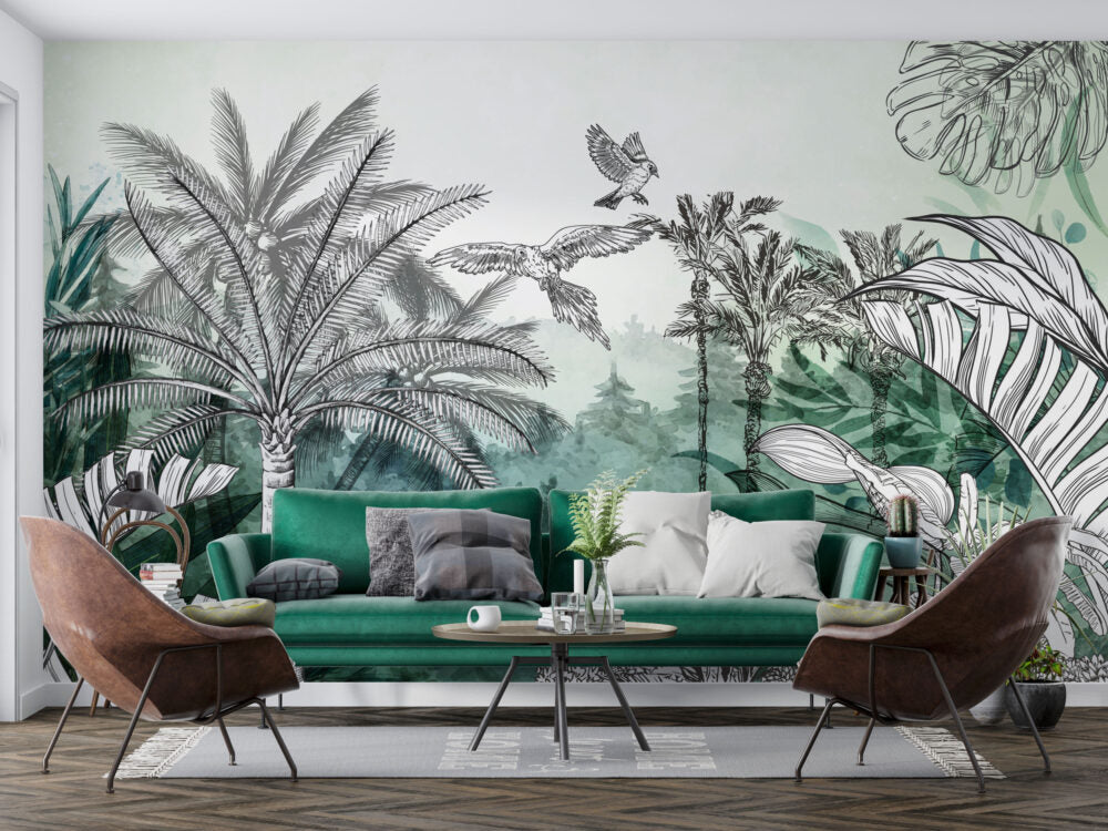 Watercolor Palm Pine Wallpaper : Sketch Tropical Forest Mural - View 4