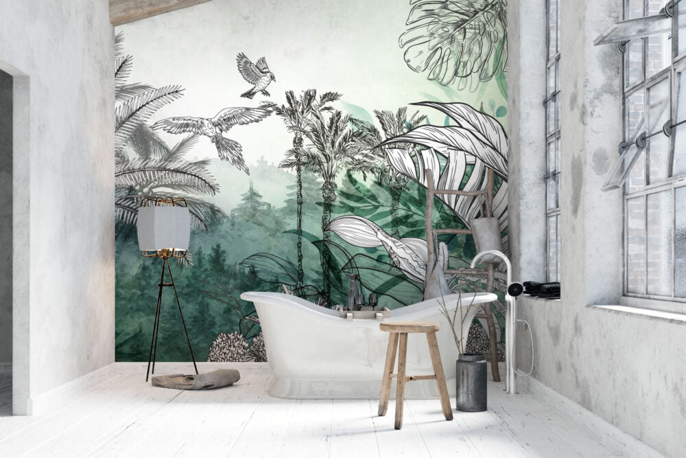 Watercolor Palm Pine Wallpaper : Sketch Tropical Forest Mural - View 3
