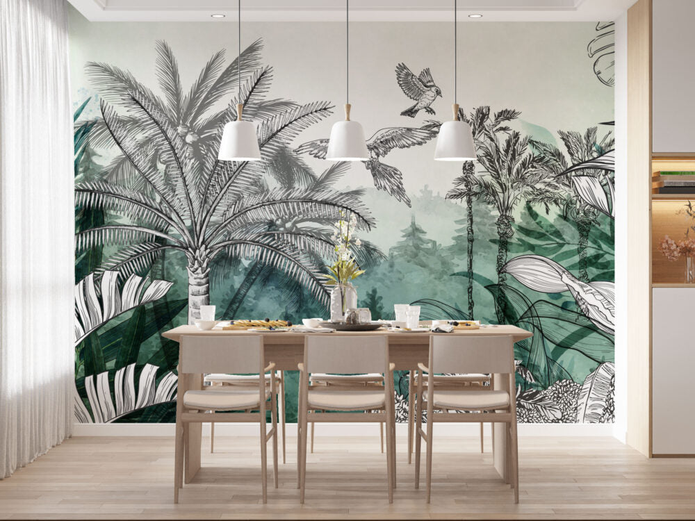 Watercolor Palm Pine Wallpaper : Sketch Tropical Forest Mural