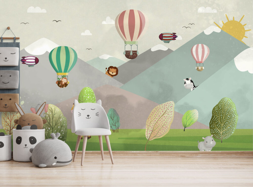 Peekaboo Mountain Animals Wallpaper : Pastel Kids Mural