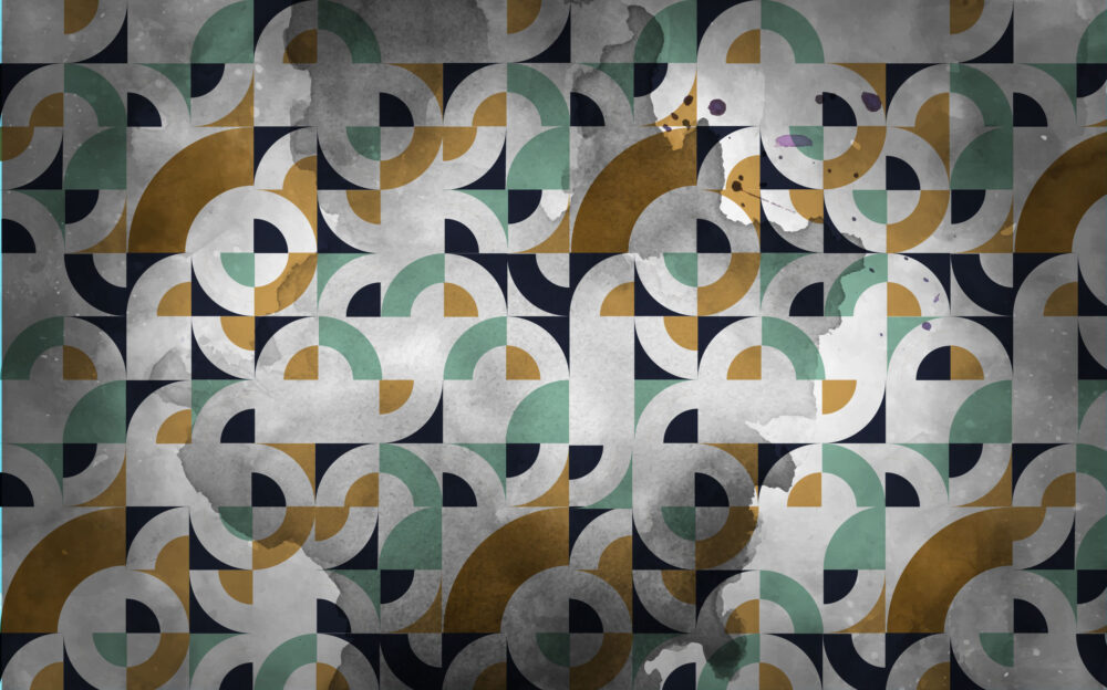 Mid Century Geometric Wallpaper : Green Mustard Navy Shapes - View 2