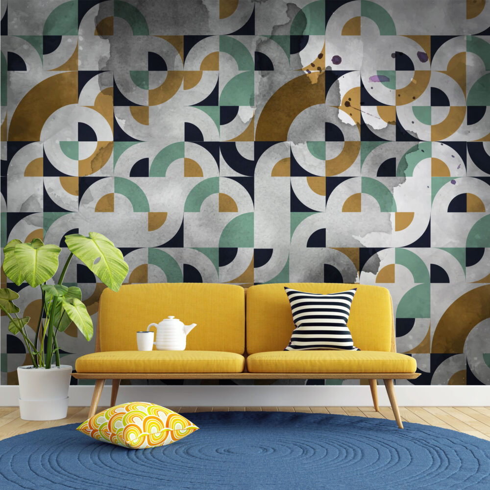 Mid Century Geometric Wallpaper : Green Mustard Navy Shapes - View 4