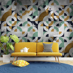 Mid Century Geometric Wallpaper : Green Mustard Navy Shapes - View 4