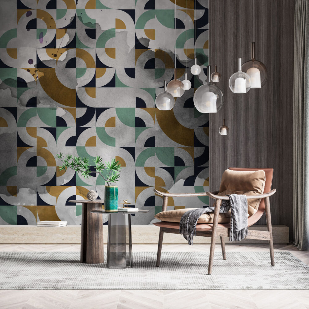 Mid Century Geometric Wallpaper : Green Mustard Navy Shapes