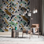 Mid Century Geometric Wallpaper : Green Mustard Navy Shapes