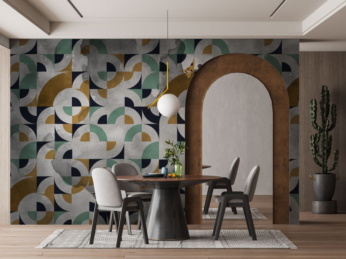 Mid Century Geometric Wallpaper : Green Mustard Navy Shapes - View 3