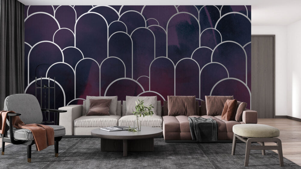 Art Deco Arch Wallpaper : Plum Navy Geometric Mural - View 3