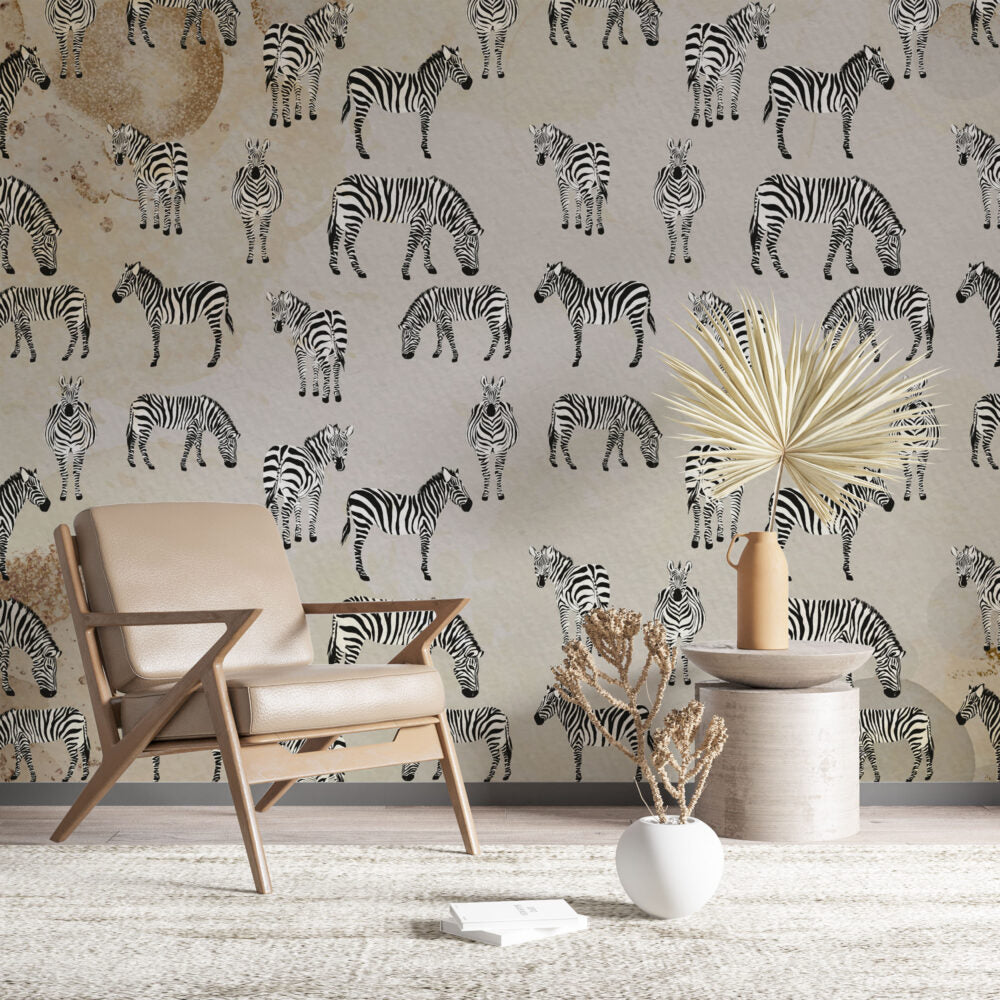 Cream Zebra Wallpaper : Grazing Zebras Pattern - View 3