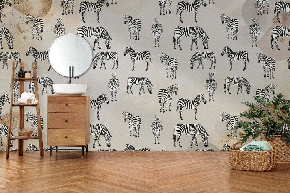 Cream Zebra Wallpaper : Grazing Zebras Pattern - View 4