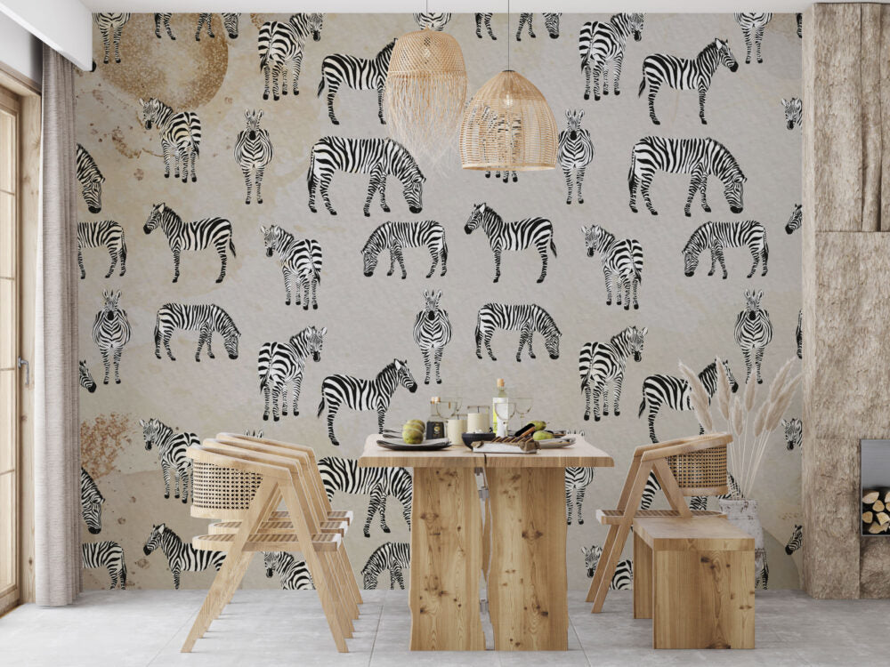 Cream Zebra Wallpaper : Grazing Zebras Pattern