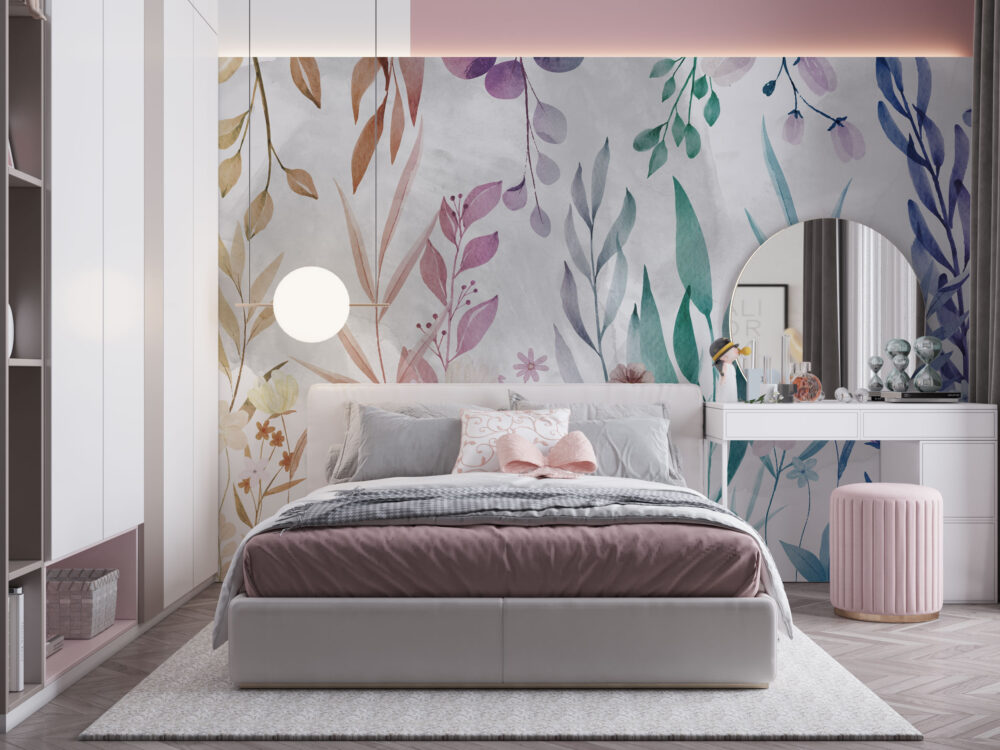Watercolor Leaf Wallpaper : Teal And Pink Botanical Mural - View 4