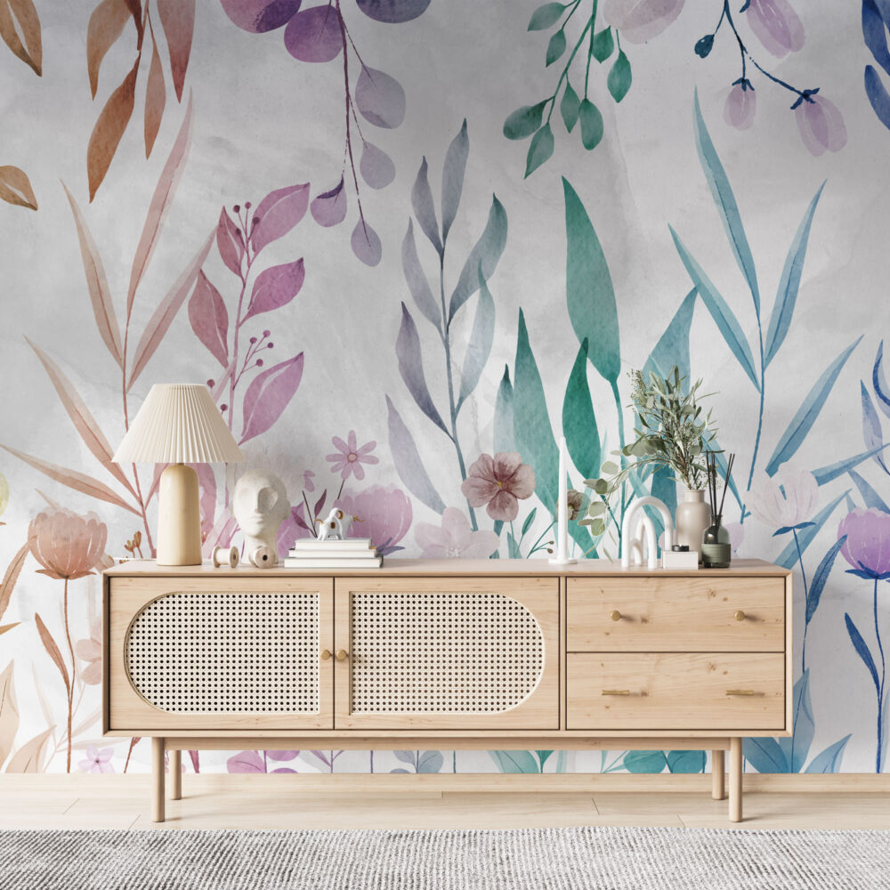 Watercolor Leaf Wallpaper : Teal And Pink Botanical Mural
