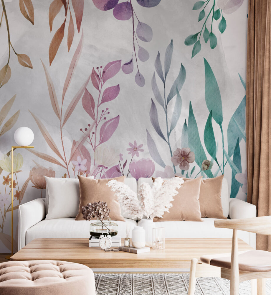 Watercolor Leaf Wallpaper : Teal And Pink Botanical Mural - View 3