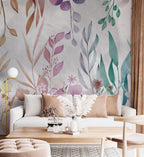 Watercolor Leaf Wallpaper : Teal And Pink Botanical Mural - View 3