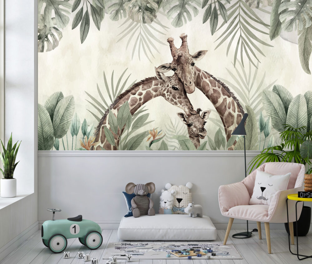 Giraffe Family Wallpaper : Watercolor Safari Mural - View 4