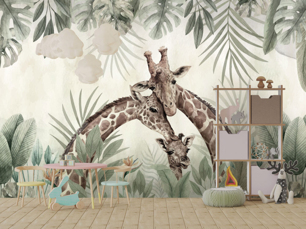 Giraffe Family Wallpaper : Watercolor Safari Mural - View 3