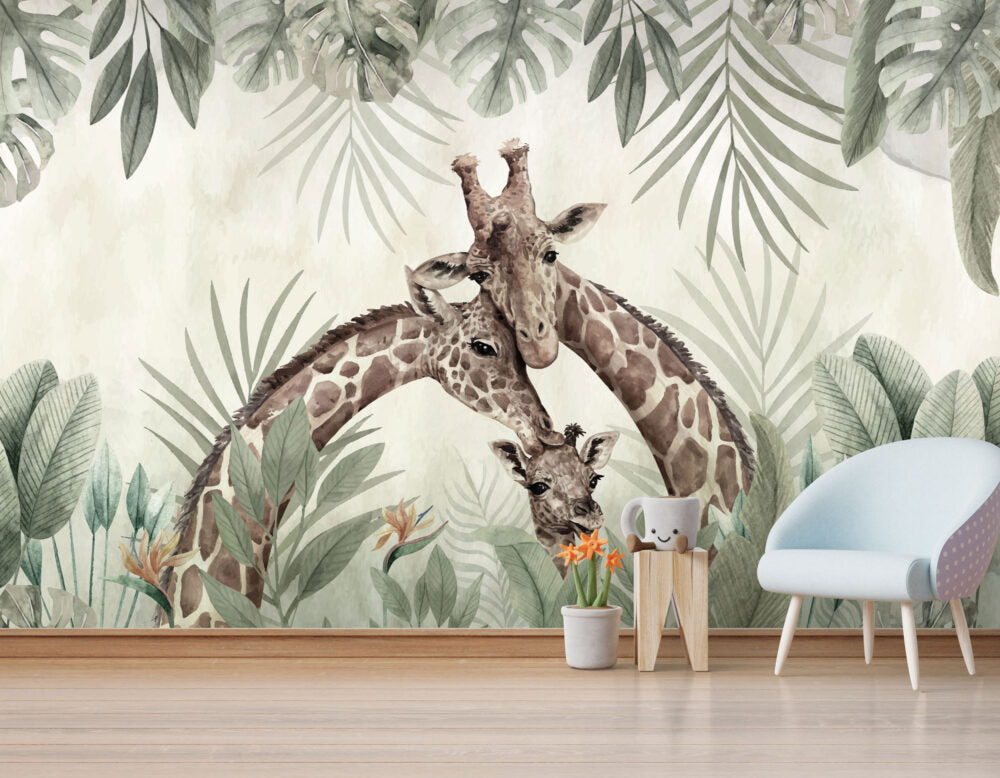 Giraffe Family Wallpaper : Watercolor Safari Mural