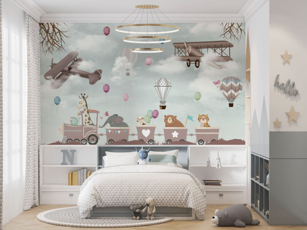 Animal Train Wallpaper : Hot Air Balloon Kids Mural