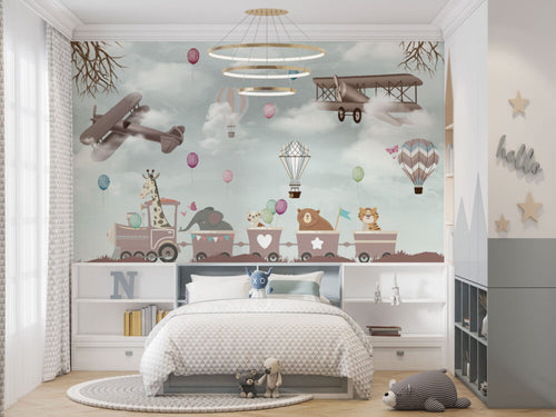 Animal Train Wallpaper : Hot Air Balloon Kids Mural