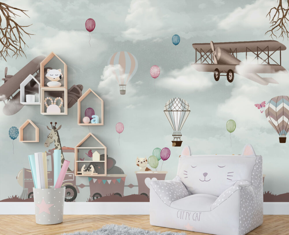 Animal Train Wallpaper : Hot Air Balloon Kids Mural - View 3