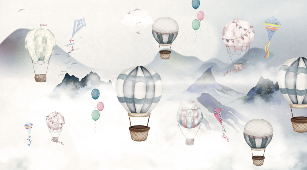 Watercolor Balloon Mountain Wallpaper : Soft Grey Kids Mural - View 2