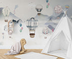 Watercolor Balloon Mountain Wallpaper : Soft Grey Kids Mural