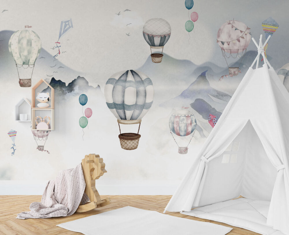 Watercolor Balloon Mountain Wallpaper : Soft Grey Kids Mural