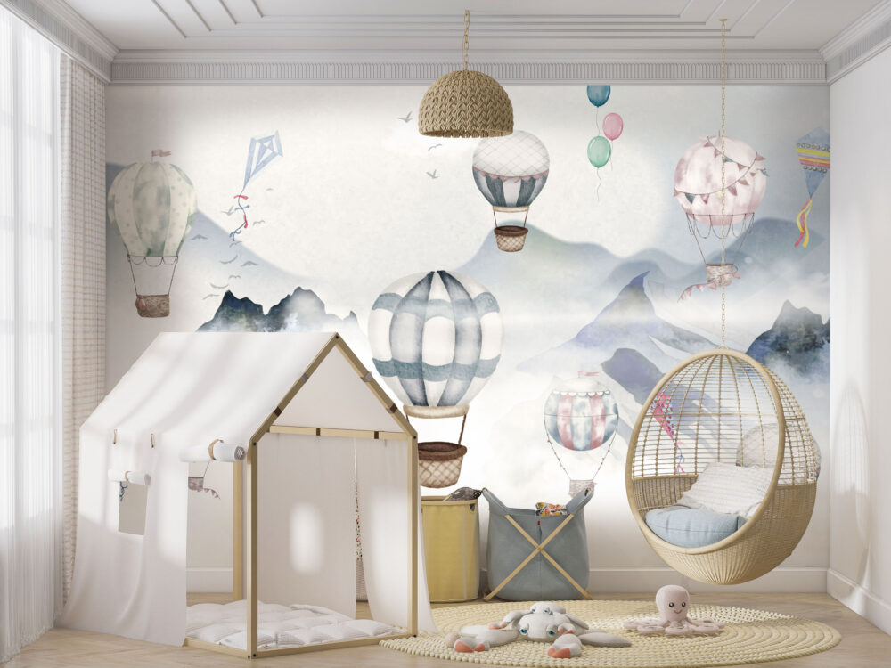 Watercolor Balloon Mountain Wallpaper : Soft Grey Kids Mural - View 4