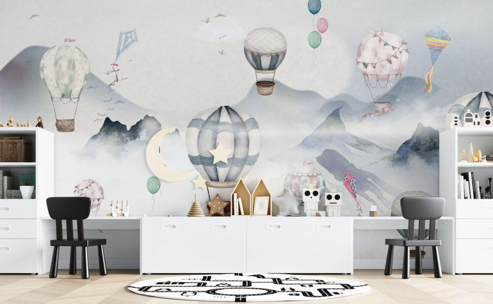 Watercolor Balloon Mountain Wallpaper : Soft Grey Kids Mural - View 3