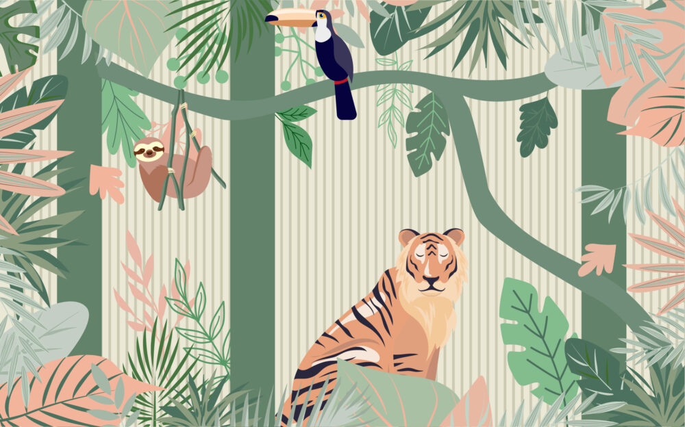 Safari Stripe Jungle Wallpaper : Tiger And Sloth Kids Mural - View 2