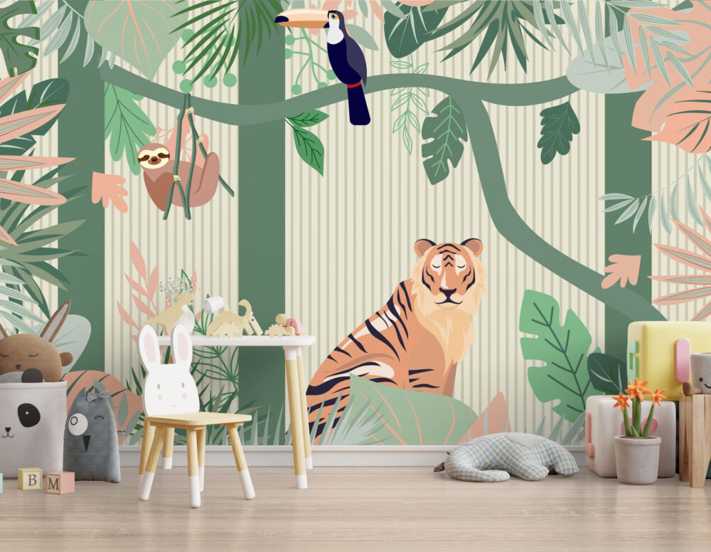 Safari Stripe Jungle Wallpaper : Tiger And Sloth Kids Mural - View 3