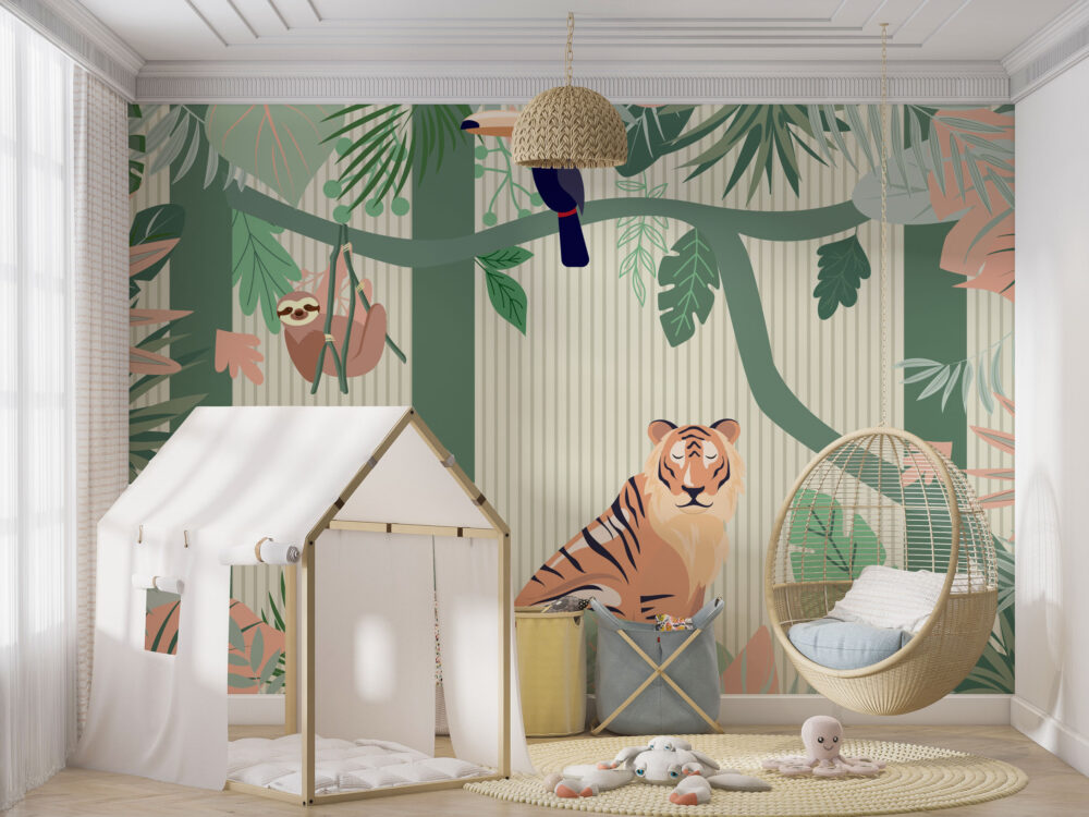 Safari Stripe Jungle Wallpaper : Tiger And Sloth Kids Mural - View 4