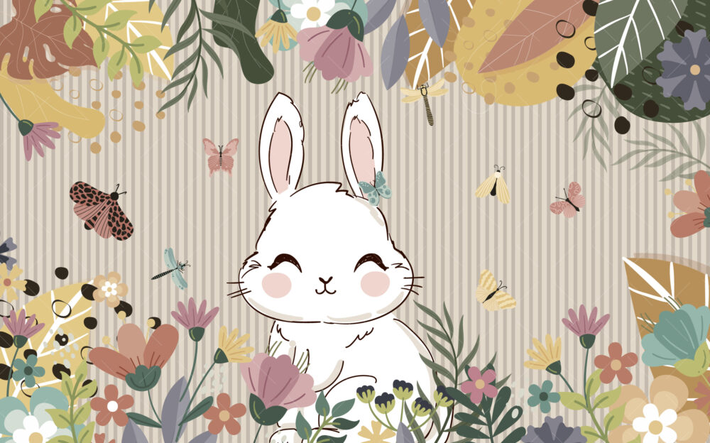 Cute Bunny Butterfly Wallpaper : Floral Kids Mural - View 2