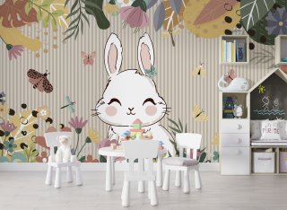 Cute Bunny Butterfly Wallpaper : Floral Kids Mural - View 4