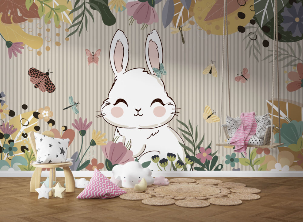 Cute Bunny Butterfly Wallpaper : Floral Kids Mural