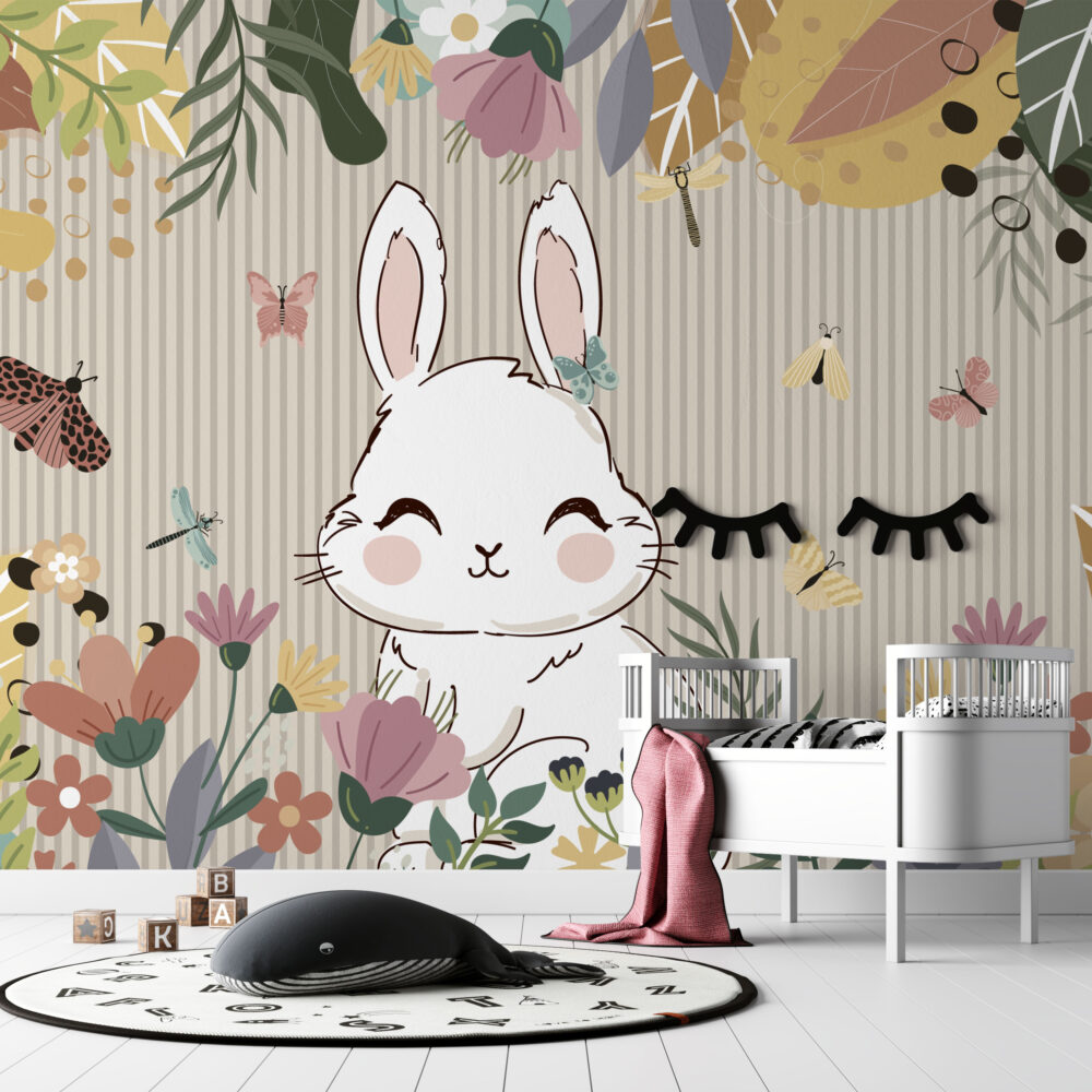 Cute Bunny Butterfly Wallpaper : Floral Kids Mural - View 3