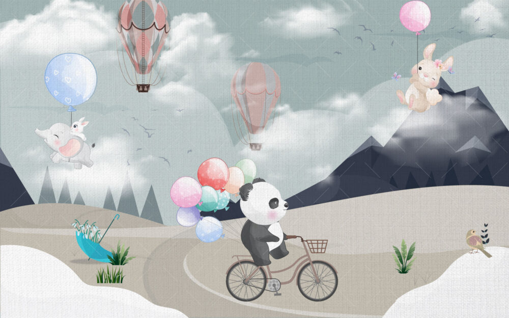 Panda Balloons Wallpaper : Flying Animals Kids Mural - View 2