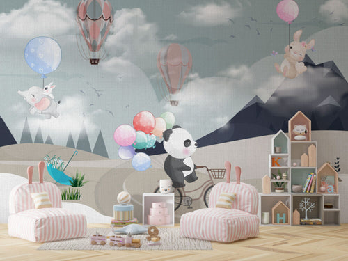 Panda Balloons Wallpaper : Flying Animals Kids Mural